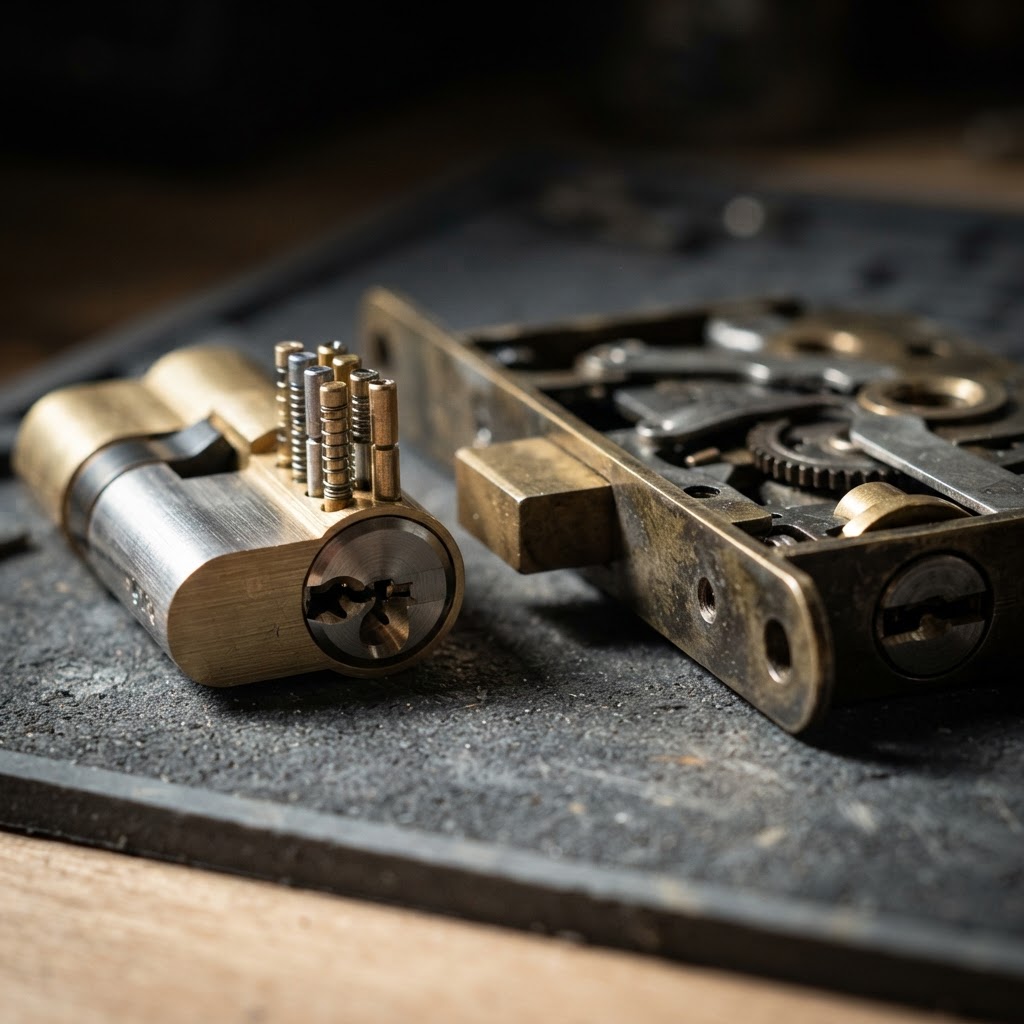 Italian ISEO and CISA high-security profile cylinder and rim lock on a locksmith workbench in South Florida