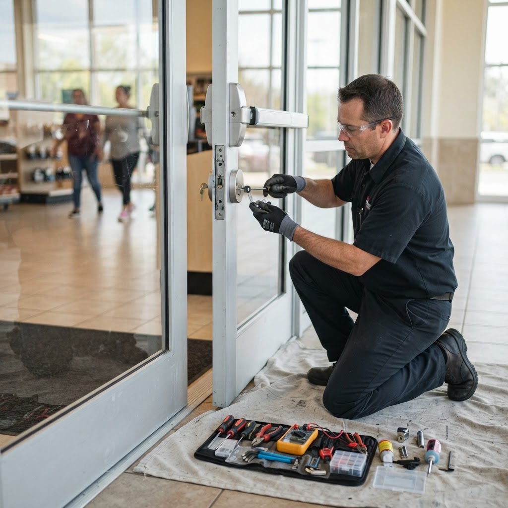 Technician servicing the Medeco cylinder and exit device on a commercial storefront door in Miami-Dade County