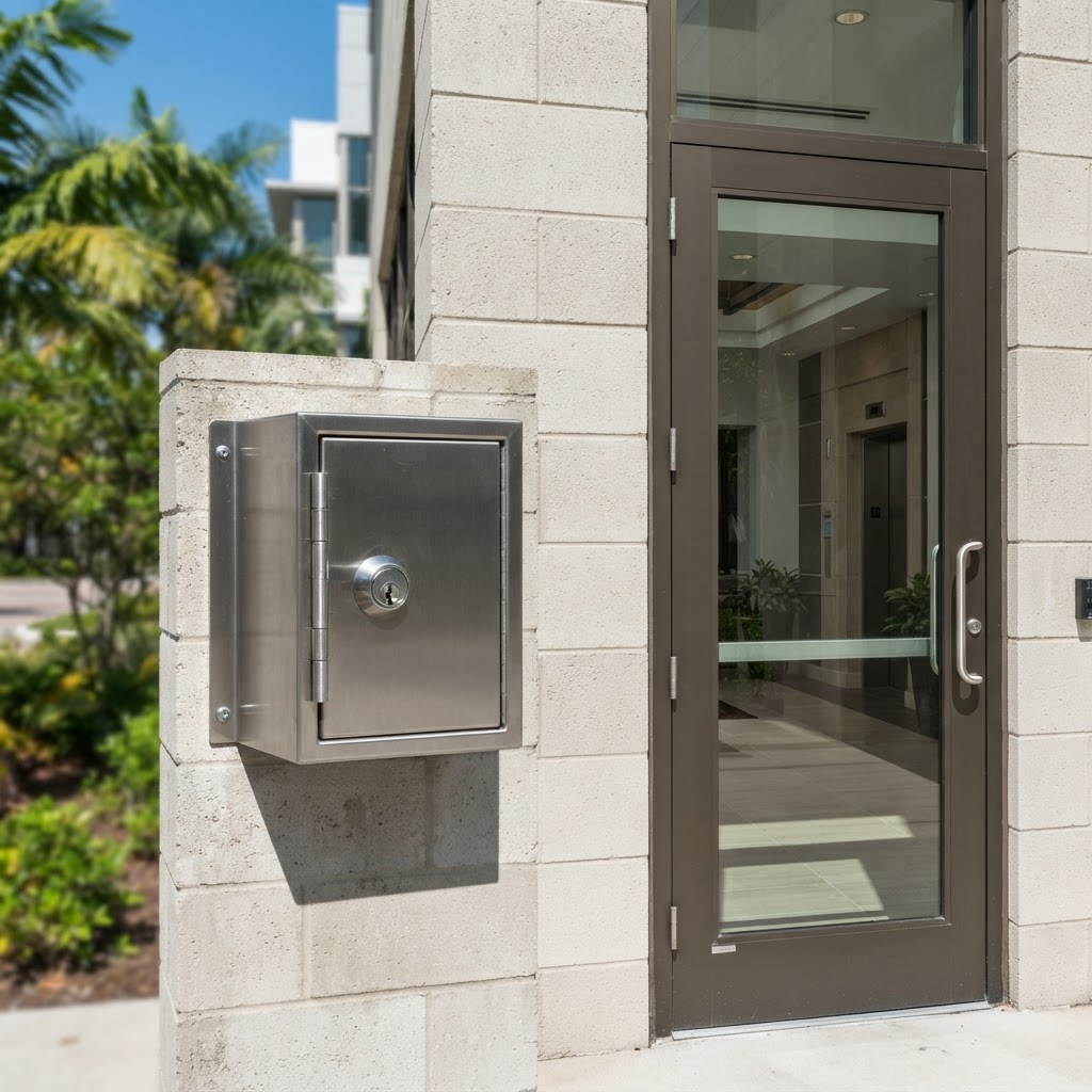 Stainless steel Knox Box rapid entry key vault installed beside the glass storefront door of a commercial office building in Broward County, Florida