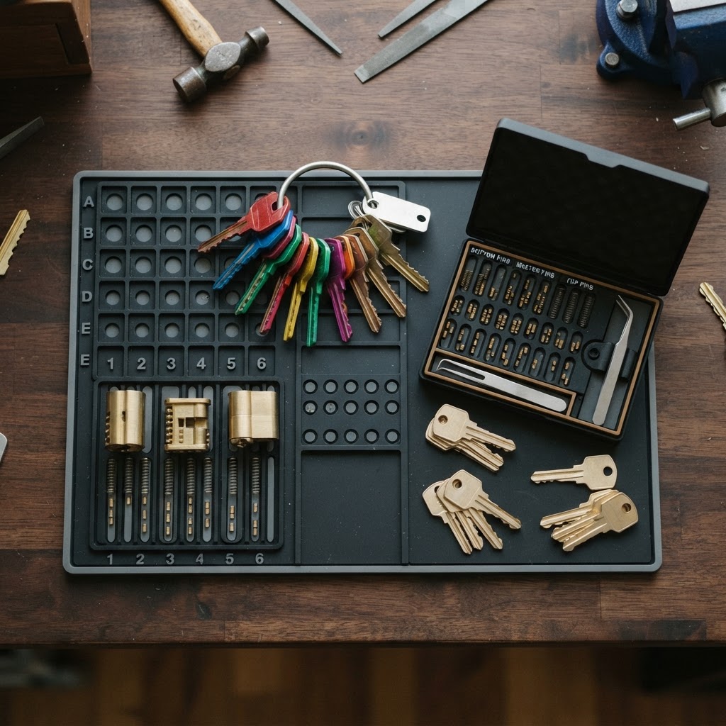 Schlage master key system with colour-coded keys and a pinning kit on a South Florida locksmith workbench