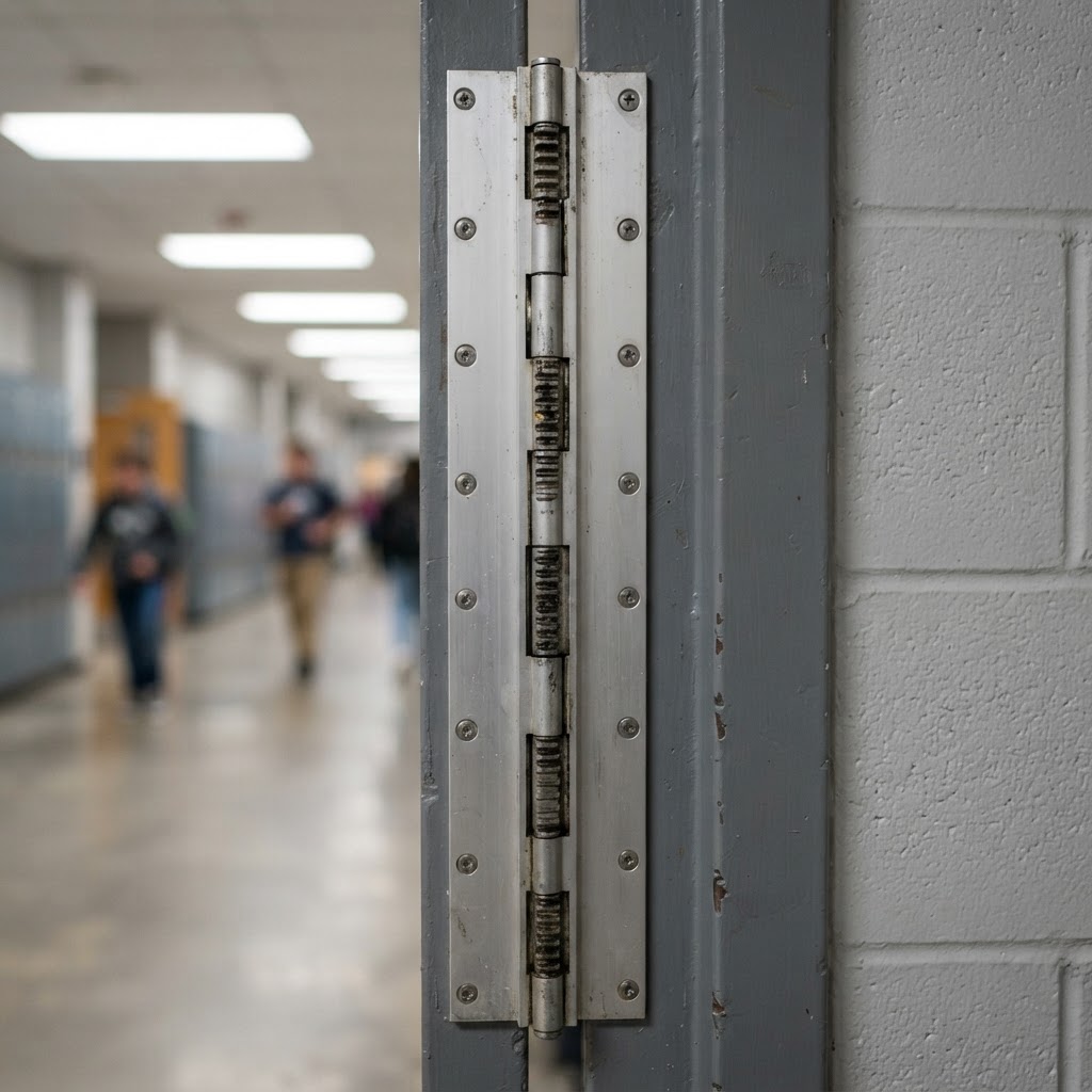 Geared continuous hinge running the full height of a heavy commercial door in a South Florida warehouse
