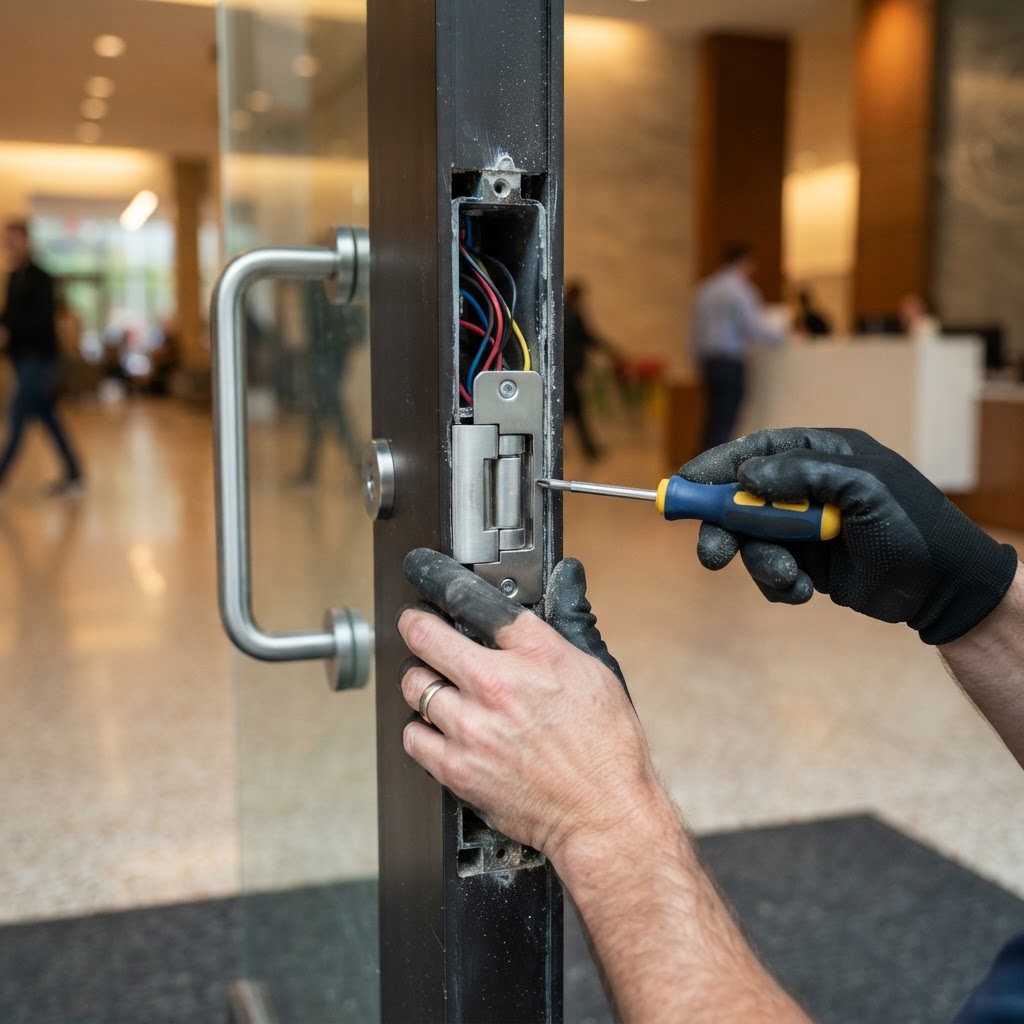Technician installing an ISEO electric strike into the aluminum frame of a storefront door in Miami, Florida