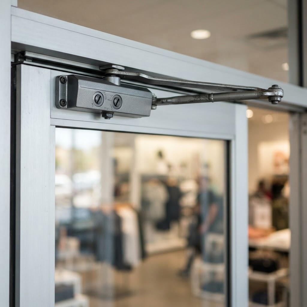 Heavy-duty overhead door closer installed on an aluminum storefront door in Broward County, Florida
