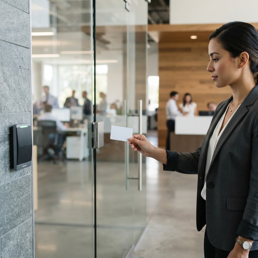 Employee presenting a proximity access card to a wall-mounted reader beside a glass office door in South Florida