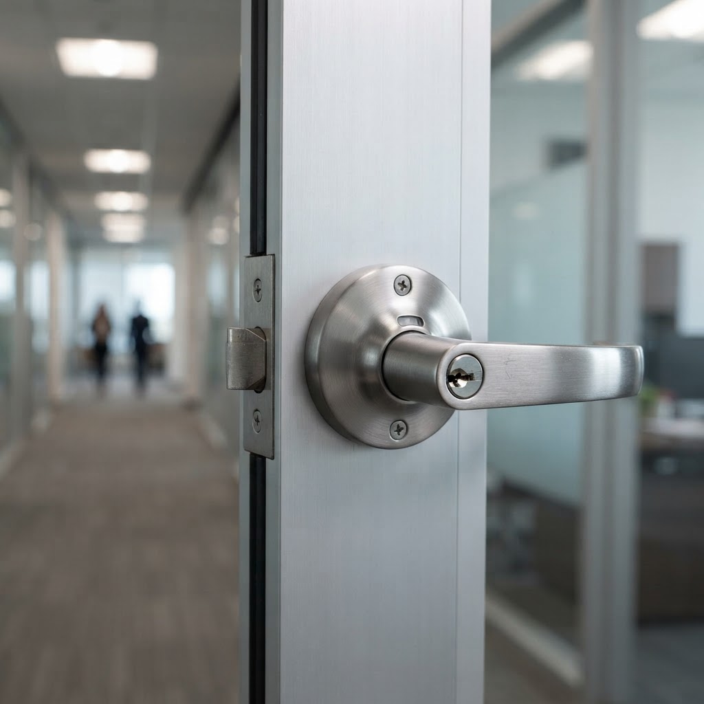 Schlage ANSI Grade 1 commercial lever handle lockset installed on an aluminum office door in South Florida