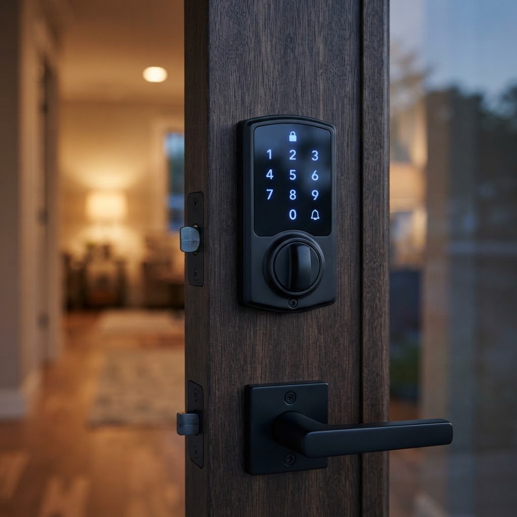 Schlage Encode WiFi smart deadbolt with touchscreen keypad on a residential front door in Fort Lauderdale, Florida