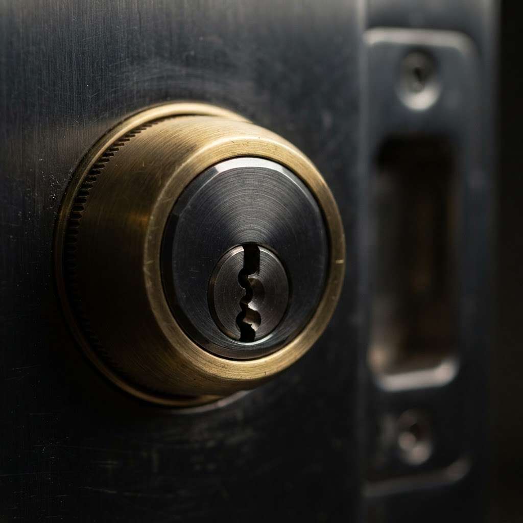 Medeco high-security mortise cylinder with a drill-resistant face insert installed in a commercial door in Palm Beach County