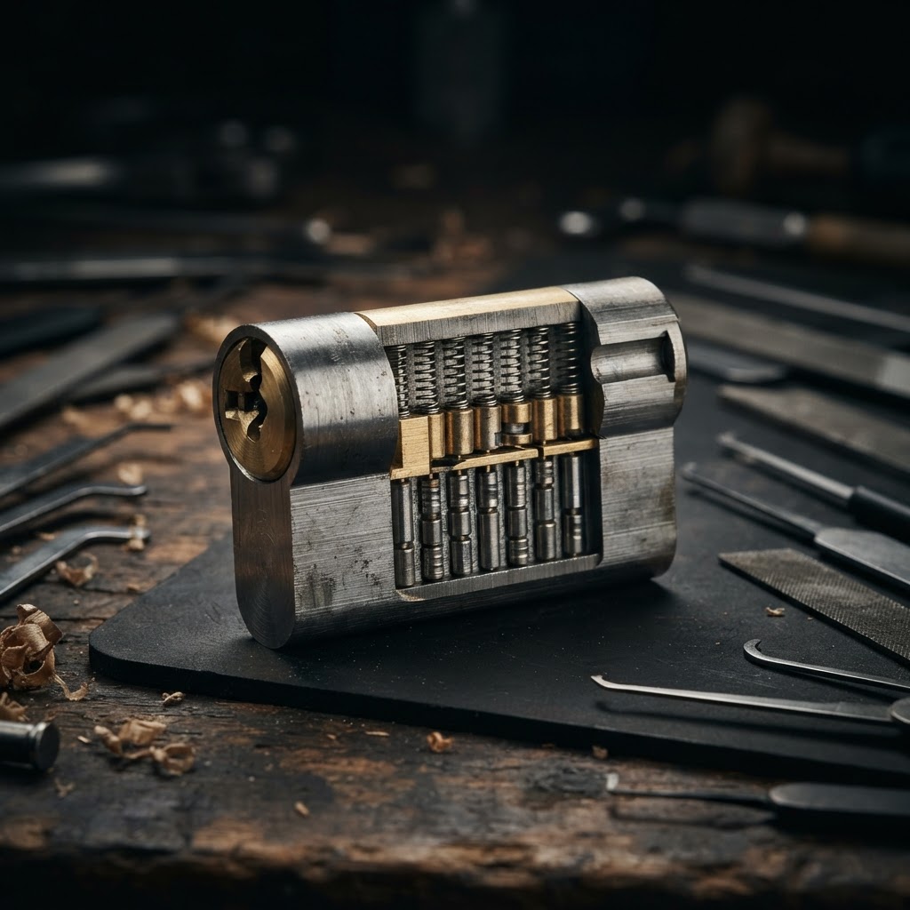 Mul-T-Lock high-security telescopic pin cylinder shown in cutaway on a locksmith bench in Broward County, Florida