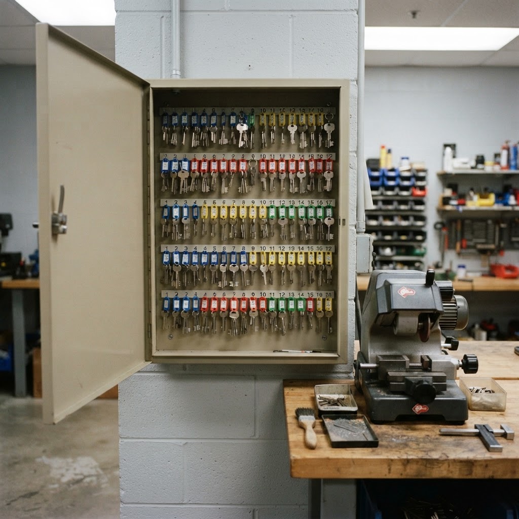 Medeco commercial key control cabinet with restricted high-security keys on numbered hooks at a South Florida facility