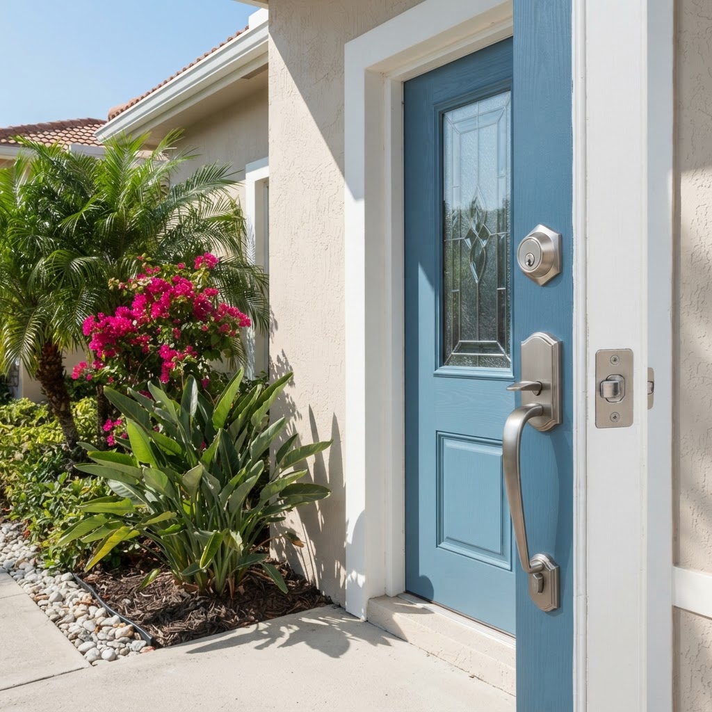 Kwikset residential handle set and deadbolt on a South Florida home entry door with a reinforced strike plate