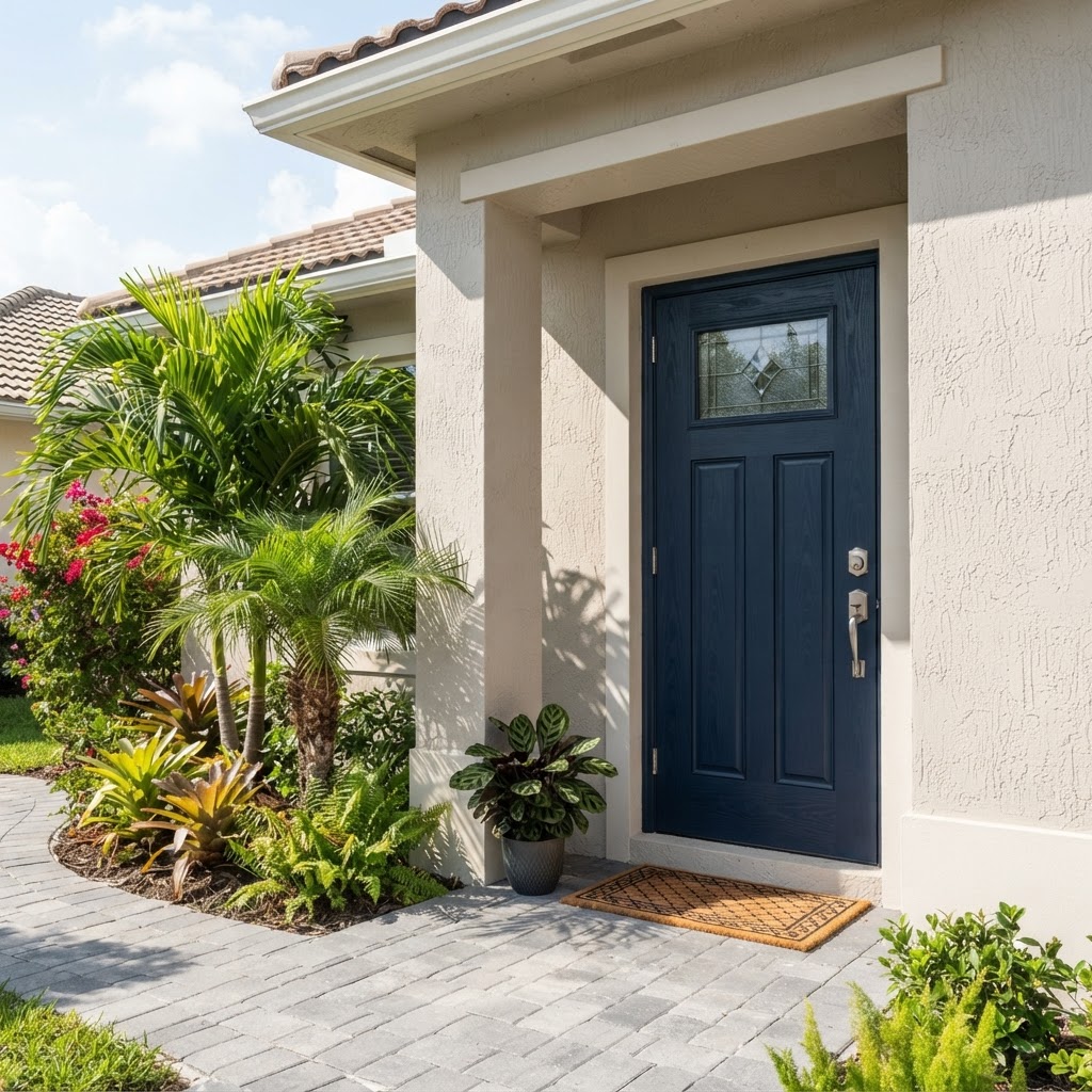 South Florida home front entry door with a brushed nickel Mul-T-Lock high-security deadbolt and lever handle