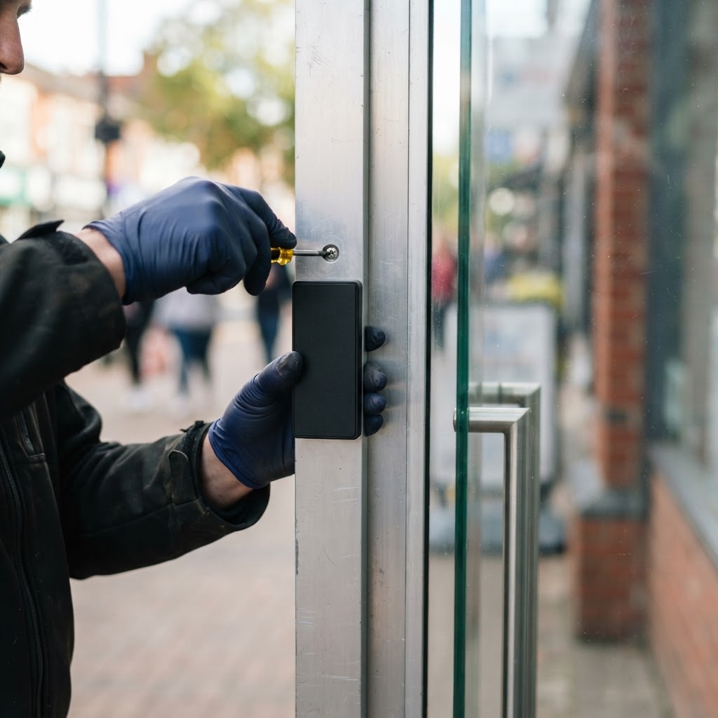 Technician installing a proximity card reader into the aluminum frame of a glass storefront door in Miami, Florida