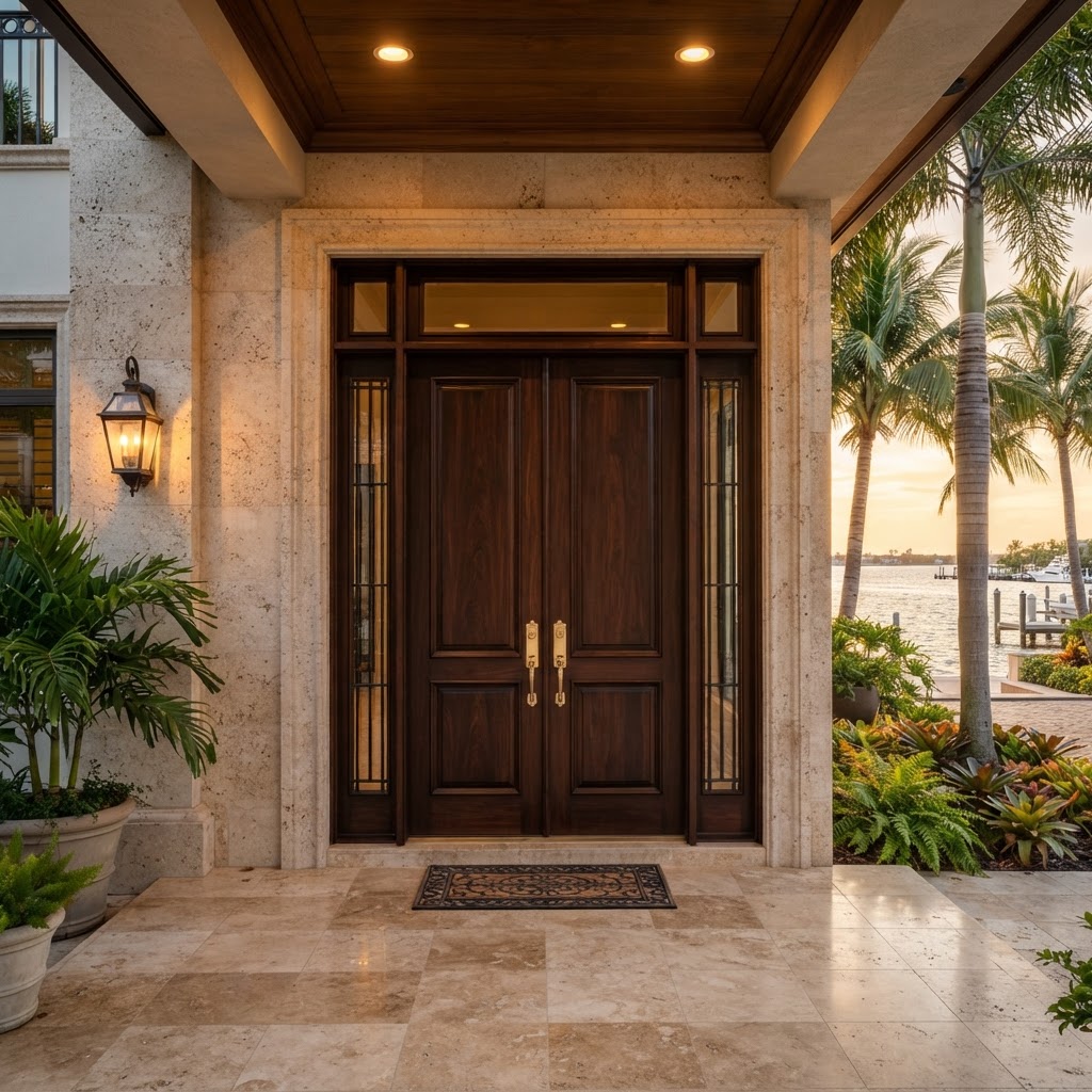 Luxury Palm Beach estate entry door fitted with European mortise lock hardware and a polished brass lever handle