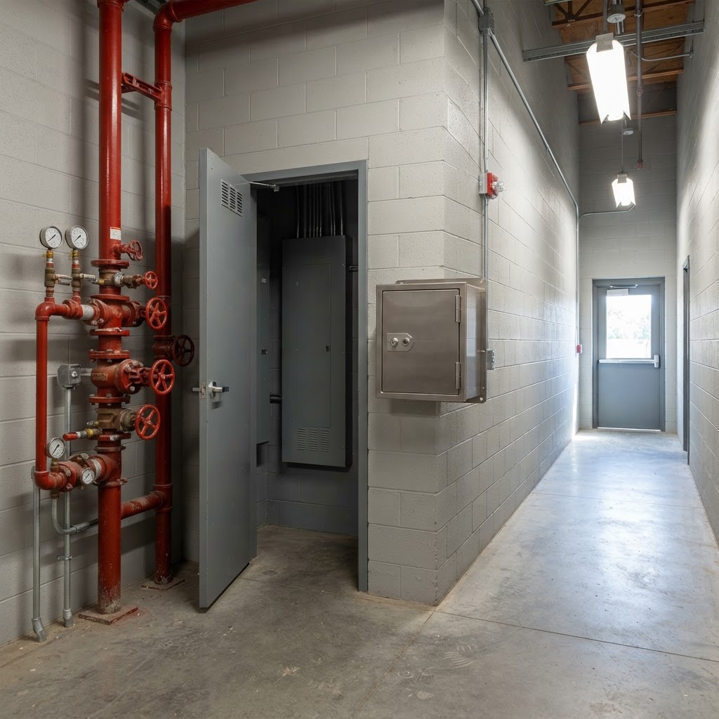 Knox Box rapid entry key vault mounted in a commercial building riser room corridor in Miami-Dade County