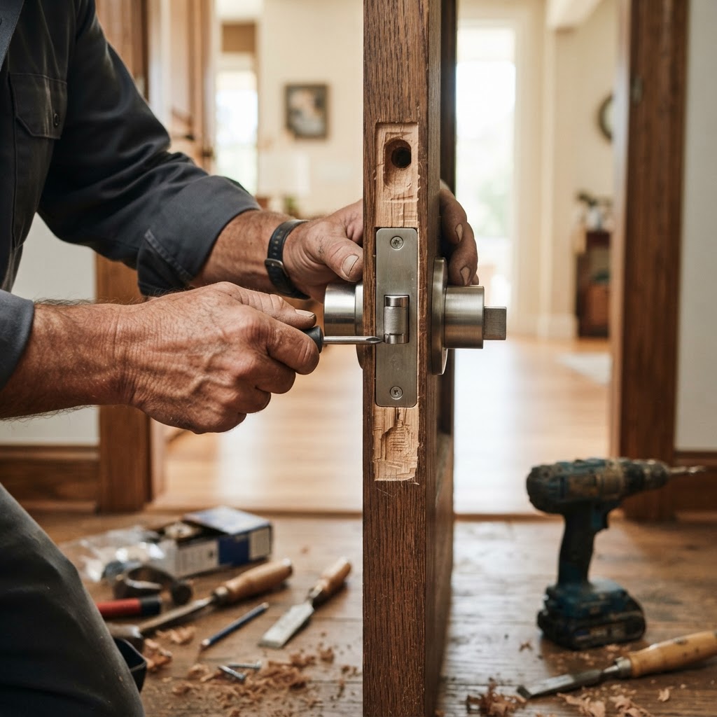 Locksmith installing a Mul-T-Lock high-security Hercular deadbolt into a residential door in South Florida