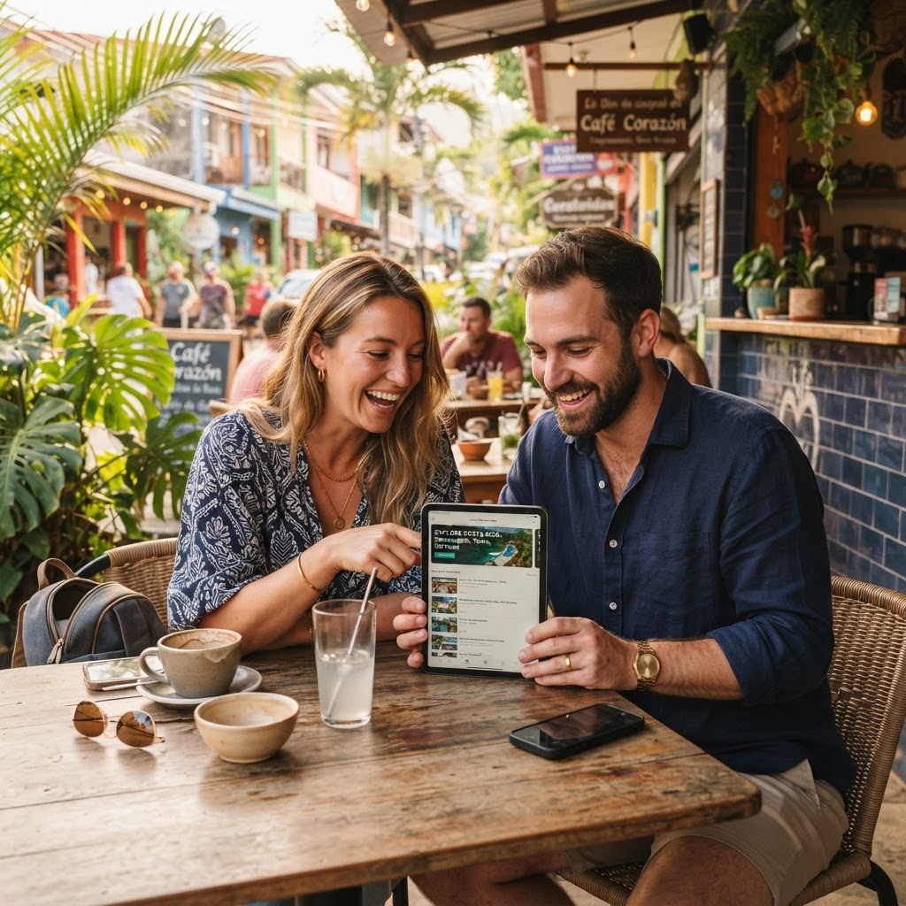 Expats discovering a business on their tablet at a Costa Rica cafe