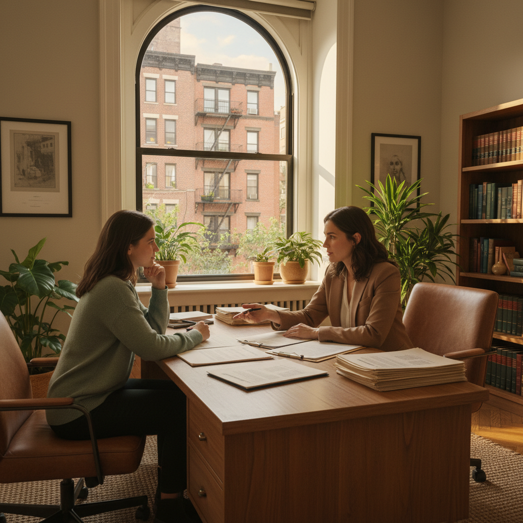 Housing attorney consulting with a tenant client in a warm professional office setting