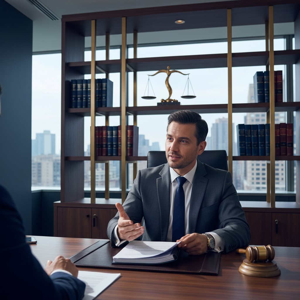 Criminal defense attorney reviewing case documents in a professional law office