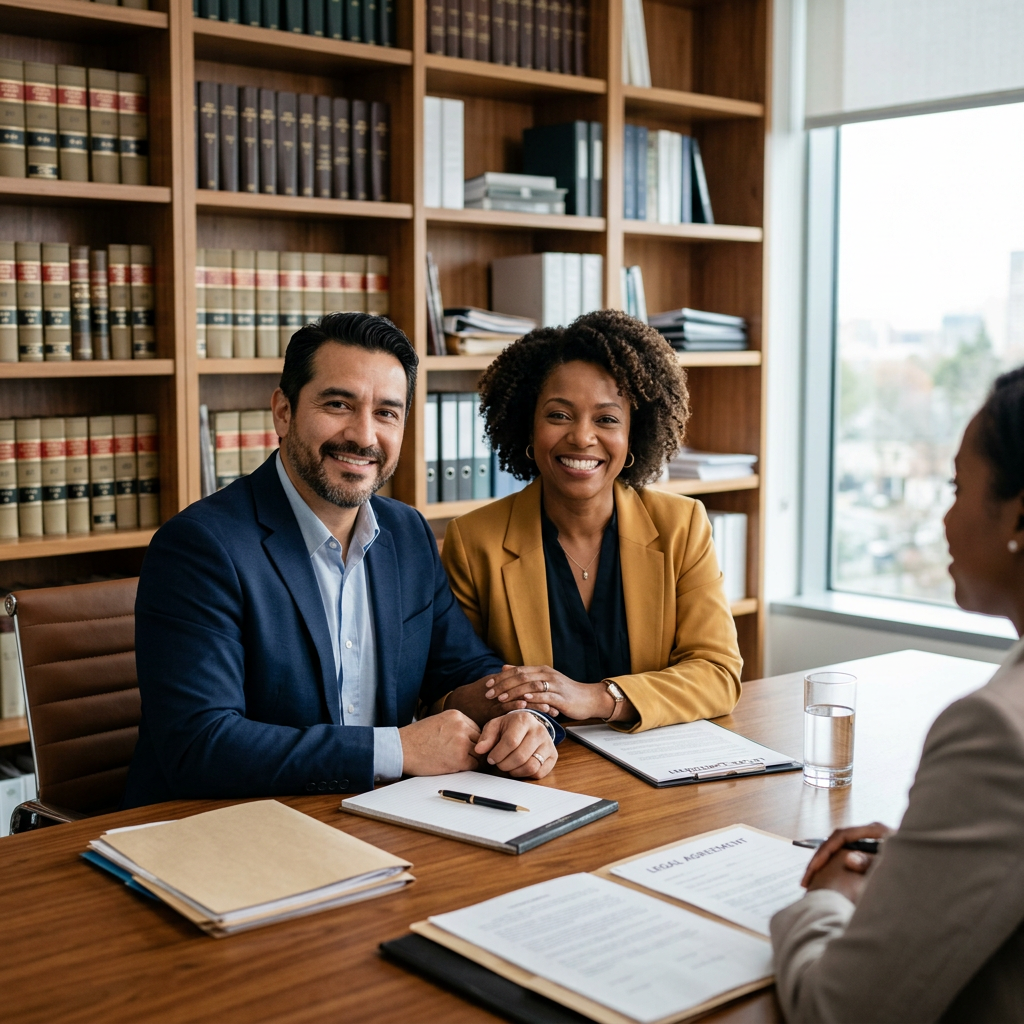 Family law attorney consulting with clients in a compassionate office setting
