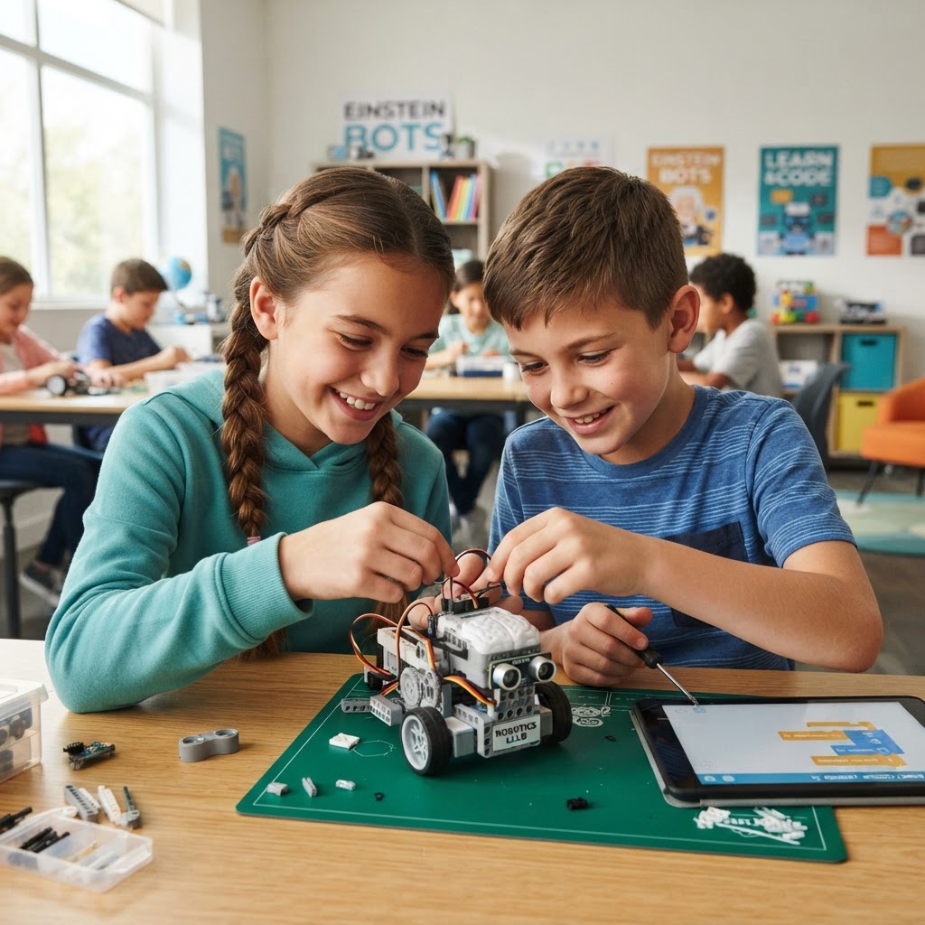 Kids building a robot together at Bot Builders Robotics Classes