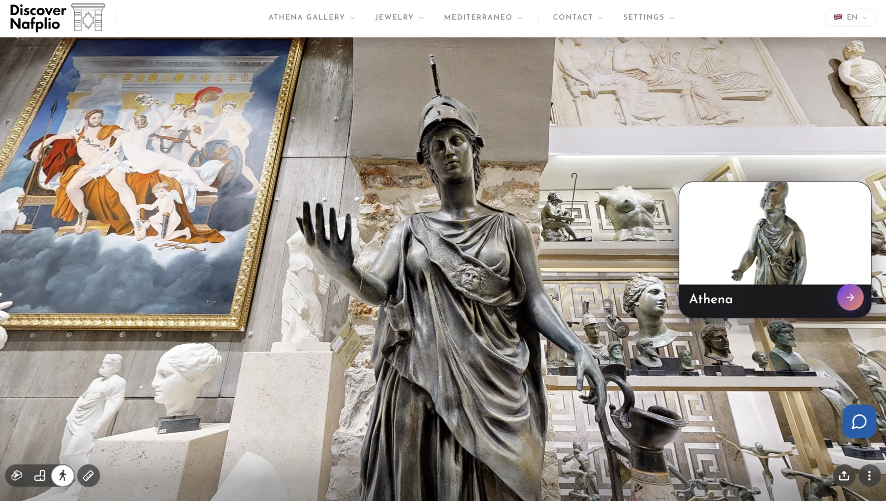 Athena Gallery 3D virtual tour with category card showing Athena statue