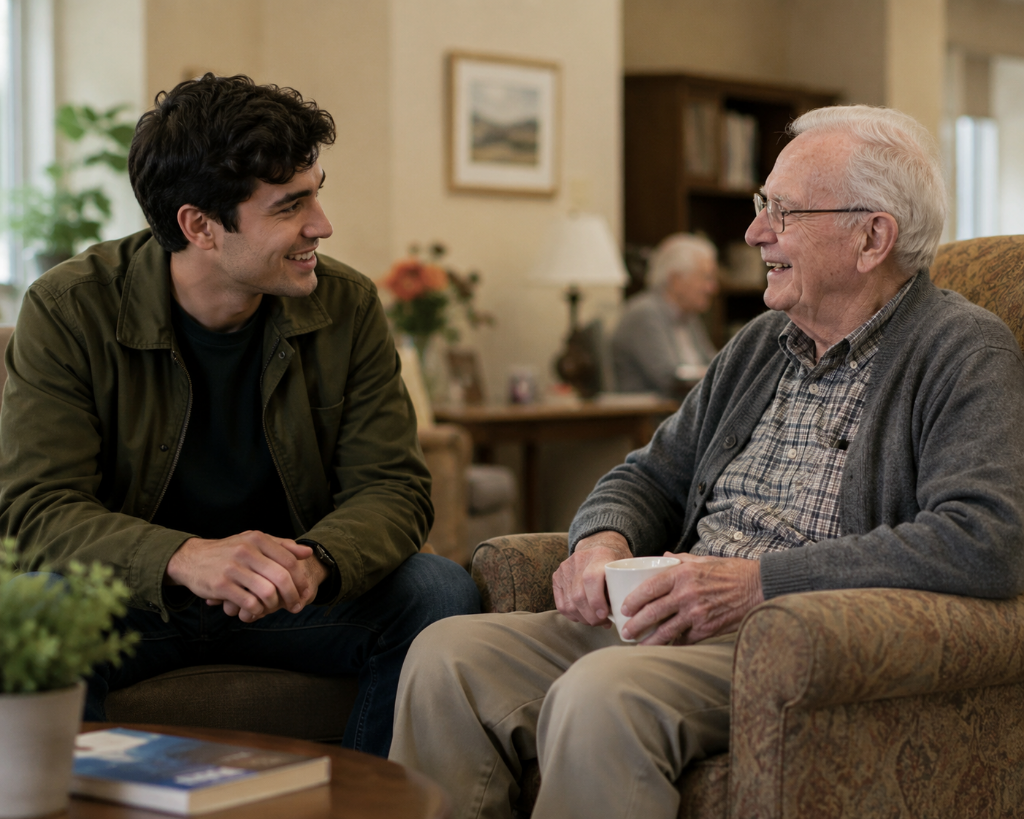 Everyday Human Support — companion visiting with an elderly gentleman
