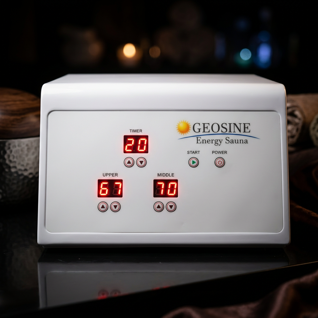 Geosine Energy Sauna control panel with temperature and timer settings
