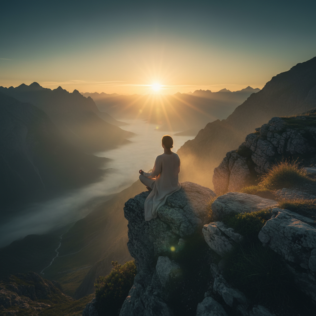 Person meditating at sunrise