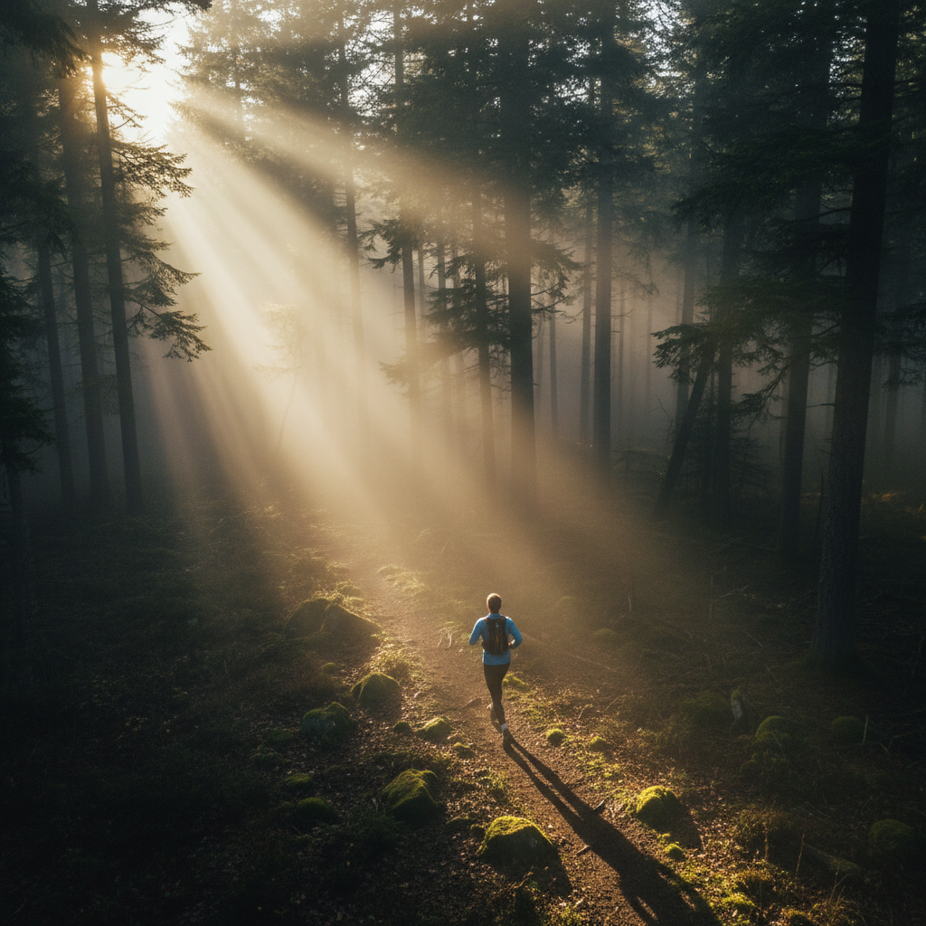 Person trail running through misty forest