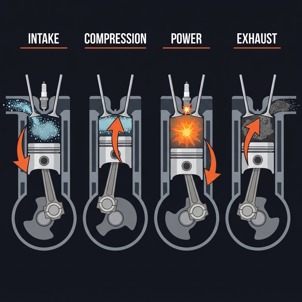Four-stroke engine cycle: intake, compression, power, and exhaust strokes