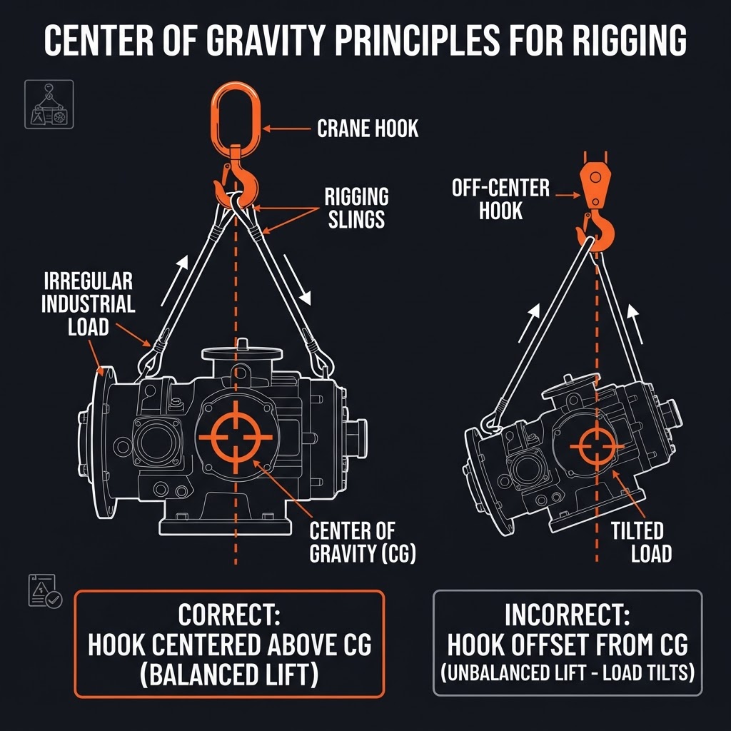 Center of gravity concept — hook must be positioned directly above the load's center of gravity for a balanced lift