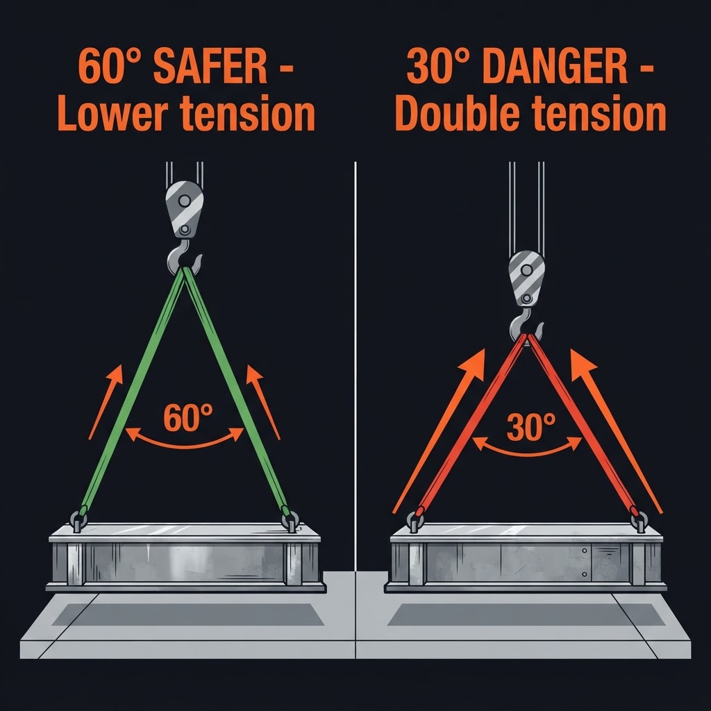 Sling angle comparison showing 60 degree safe angle versus 30 degree dangerous angle and the effect on tension