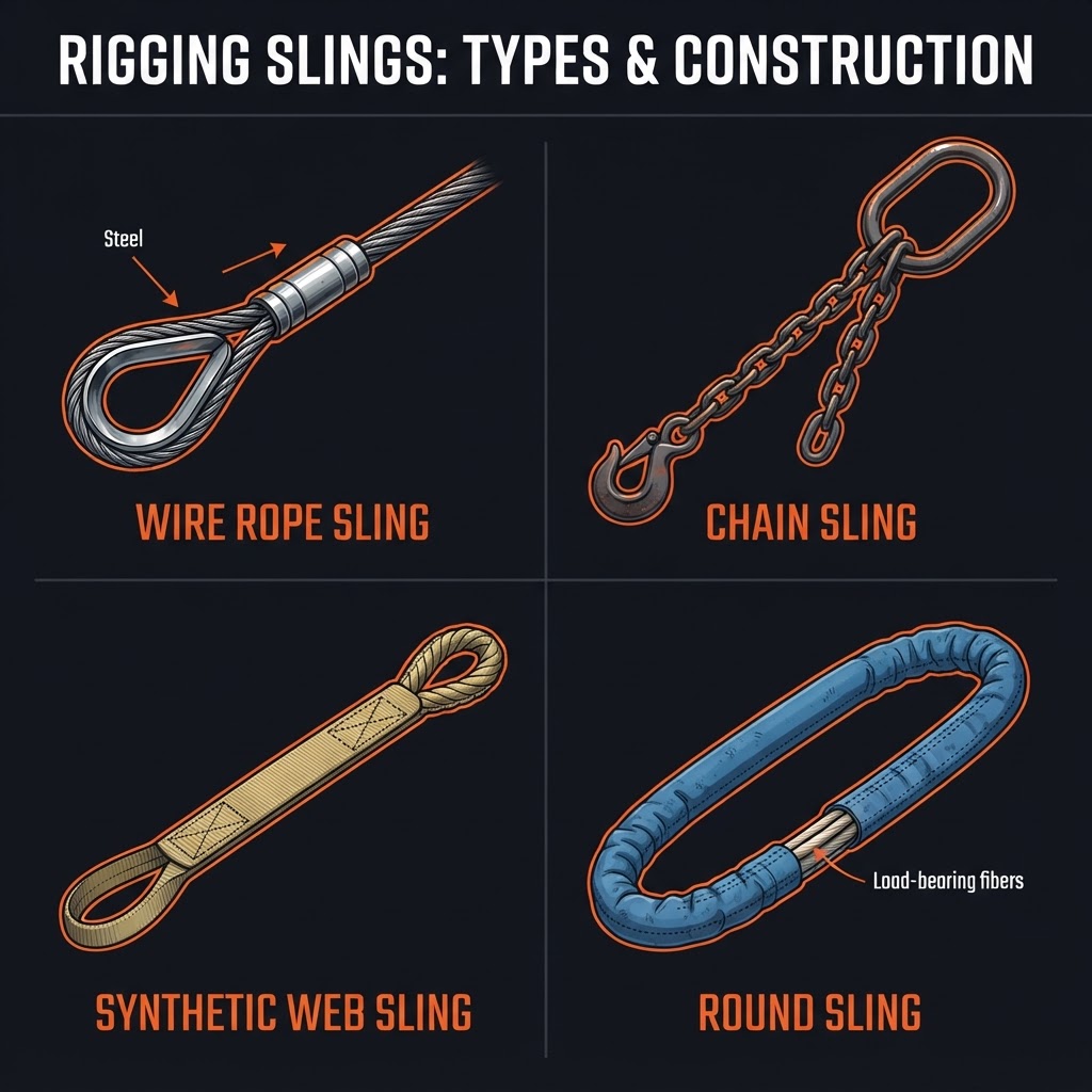 Four types of rigging slings: wire rope, chain, synthetic web, and round sling
