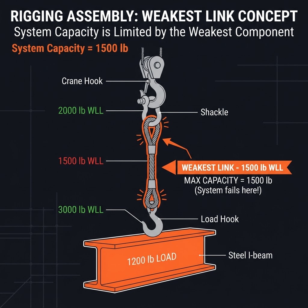 Rigging assembly showing shackle, sling, hook, and load — the weakest component governs the assembly WLL
