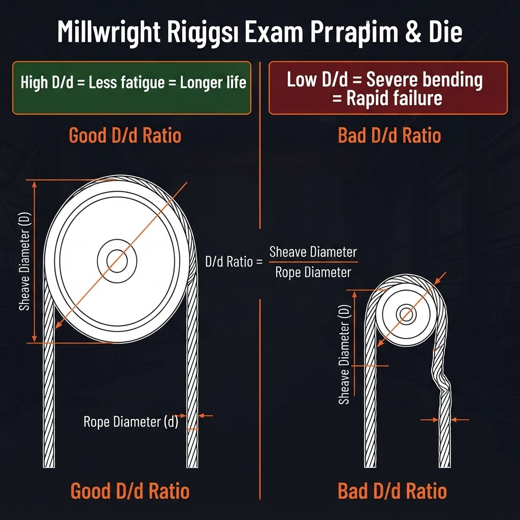 D/d ratio comparison — large sheave with less rope fatigue versus small sheave with severe bending and rapid failure