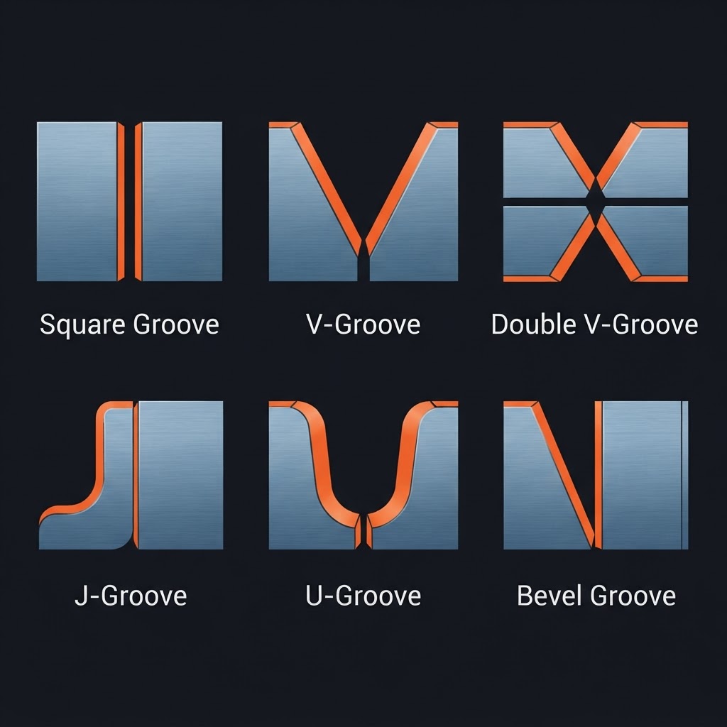 Six groove weld preparation types: square, V, double V, J, U, and bevel groove