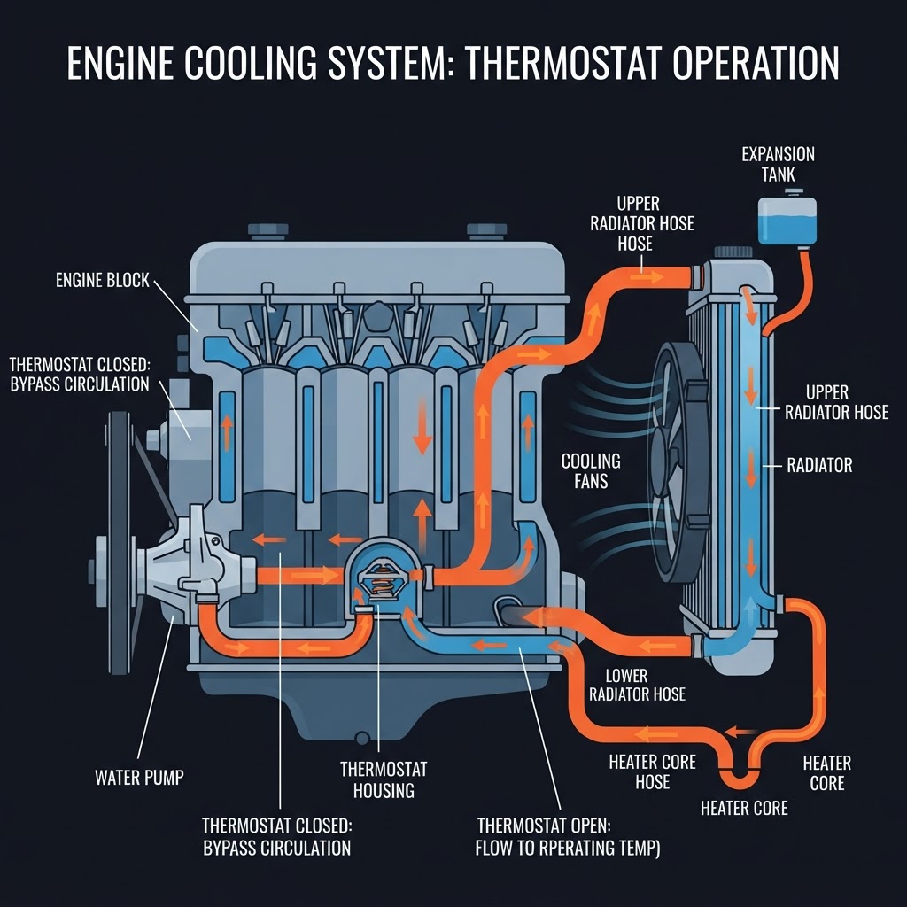 Engine cooling system: water pump, thermostat, radiator, and coolant flow