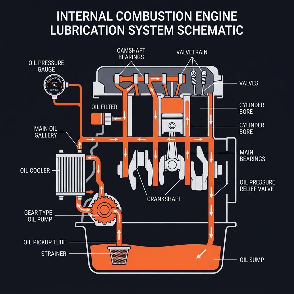 Engine lubrication system: oil sump, pump, galleries, cooler, and pressure gauge