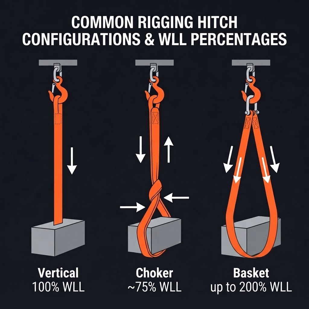 Three common hitch types: vertical, choker, and basket — each with different WLL capacity