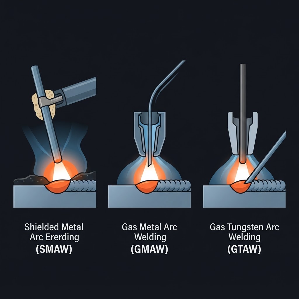 Cross-section comparison of SMAW, GMAW, and GTAW arc welding processes
