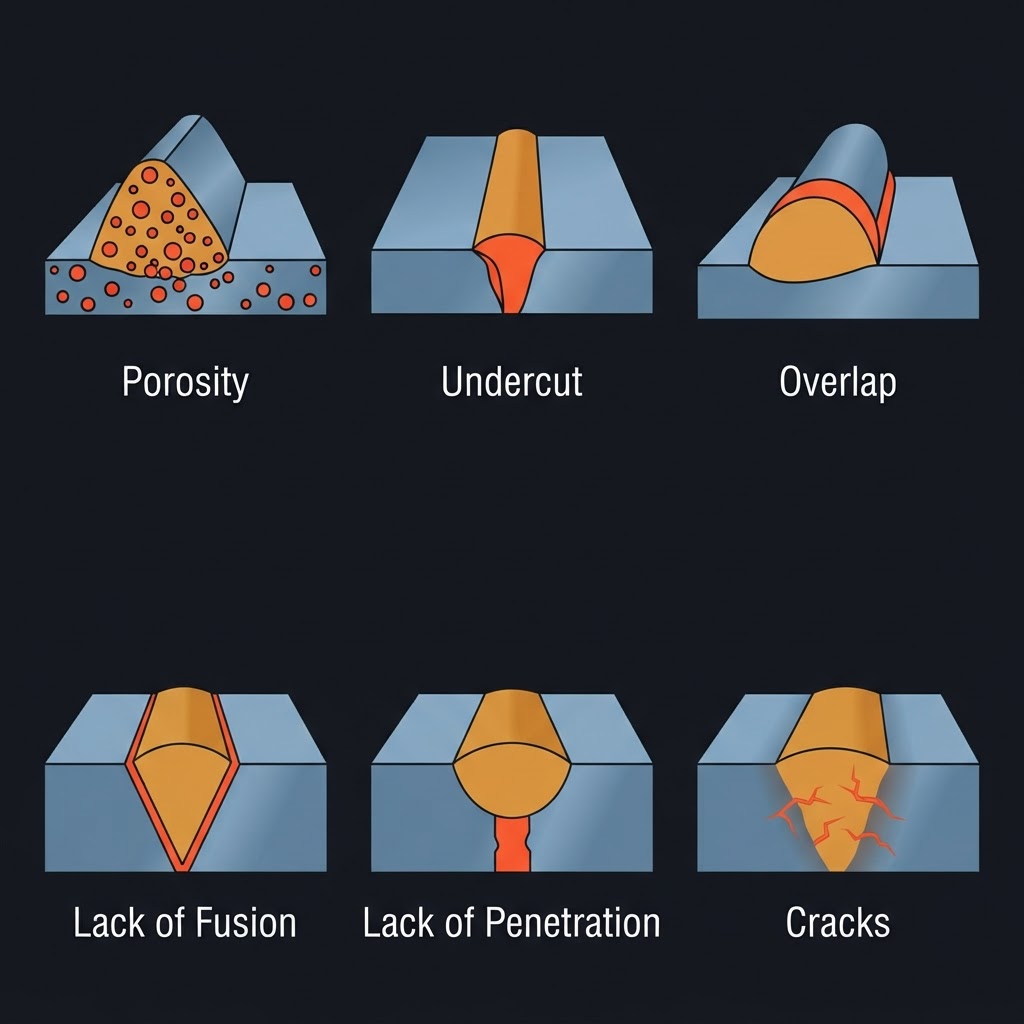 Six common weld defects: porosity, undercut, overlap, lack of fusion, lack of penetration, and cracks