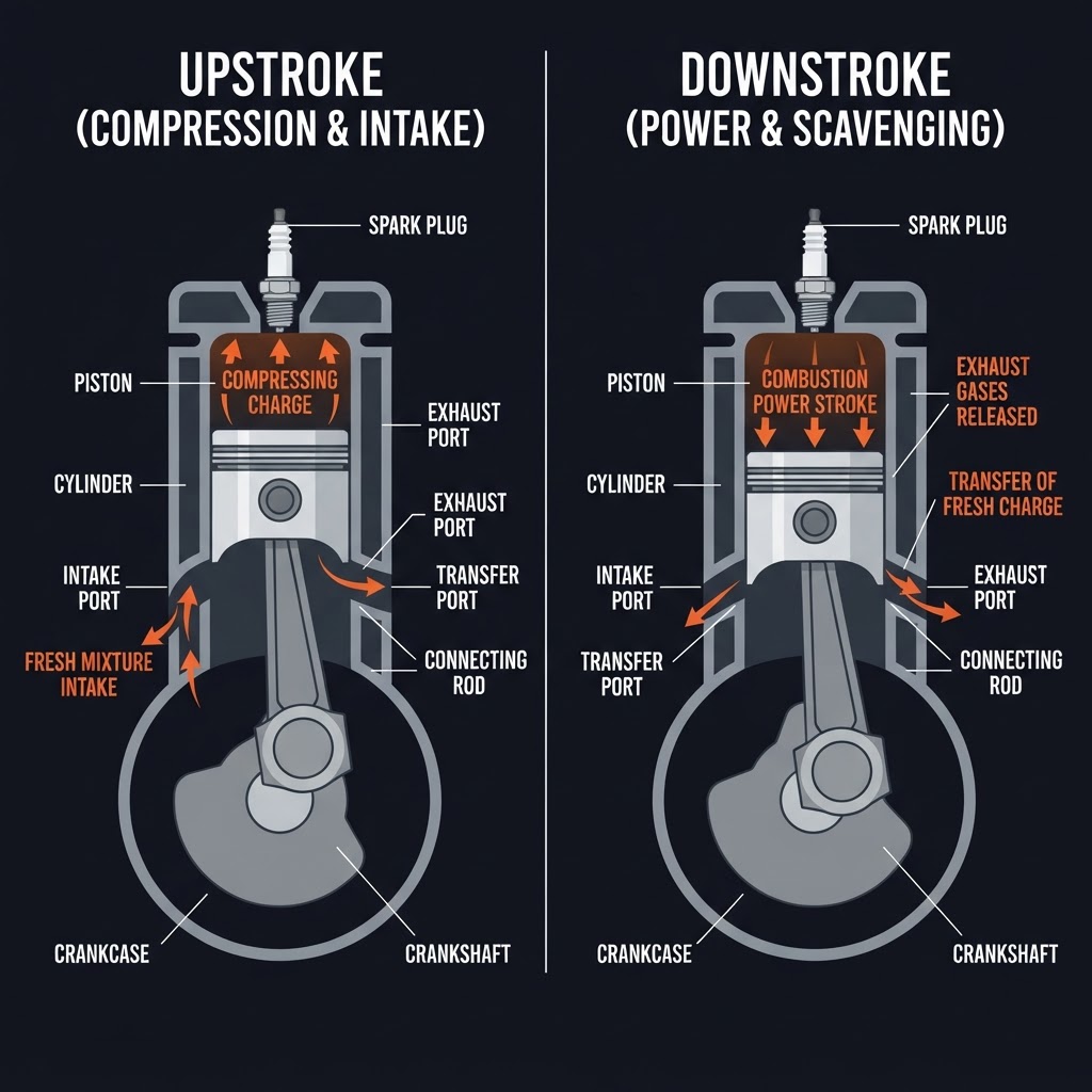 Two-stroke engine cycle: upstroke (compression + intake) and downstroke (power + exhaust)