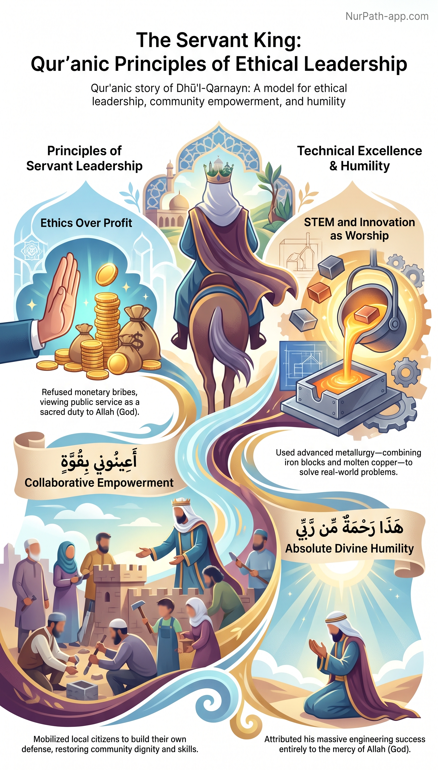 The Servant King: Power, Purpose & Universal Justice in the Story of Dhū'l-Qarnayn infographic