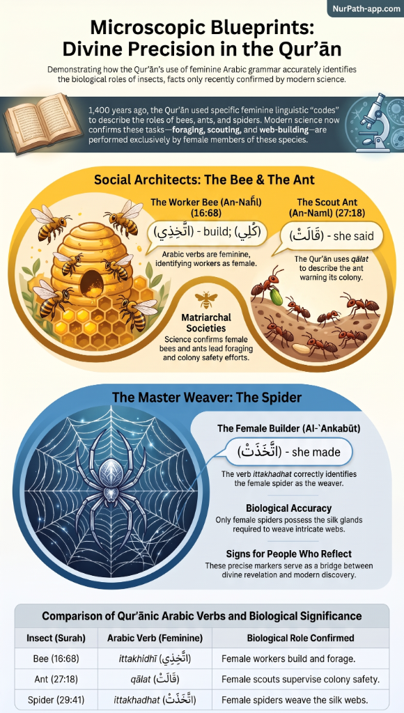 Microscopic Blueprints: Divine Precision in the Qur'ān — feminine Arabic grammar identifying the biological roles of bees, ants, and spiders.