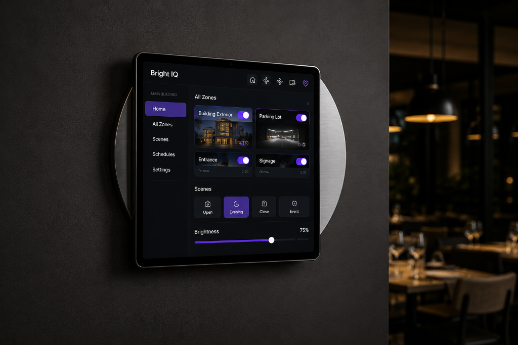 Wall-mounted tablet control panel for commercial lighting