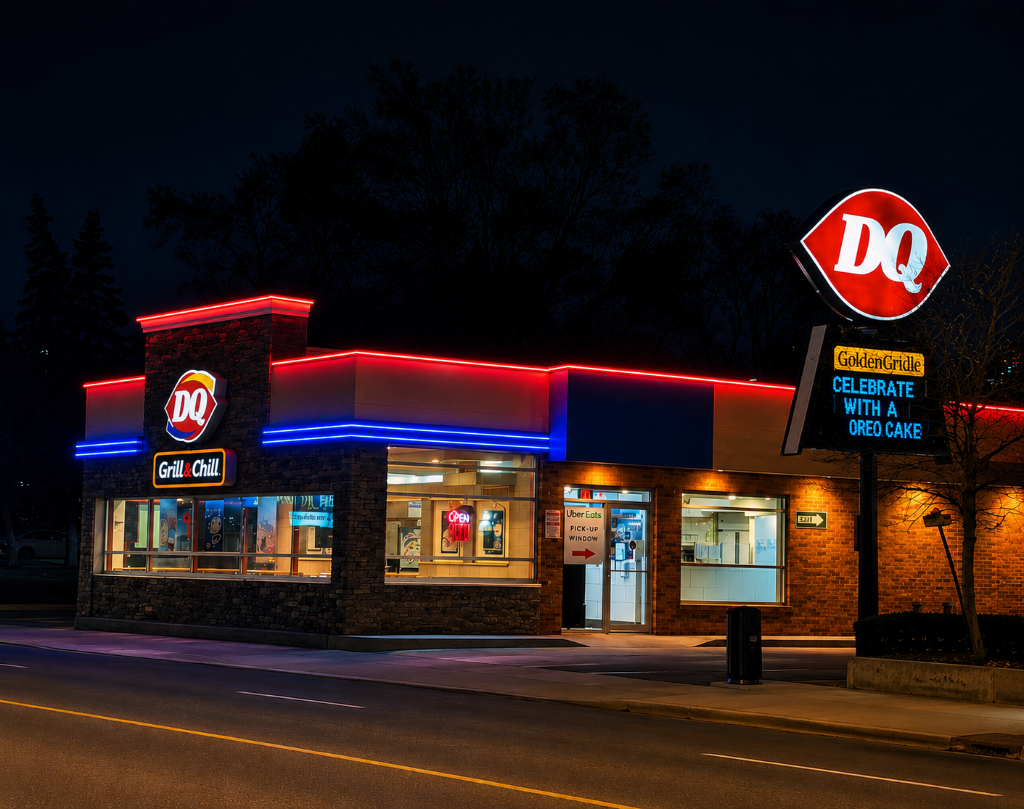 After — Dairy Queen with red and blue LED roofline lighting