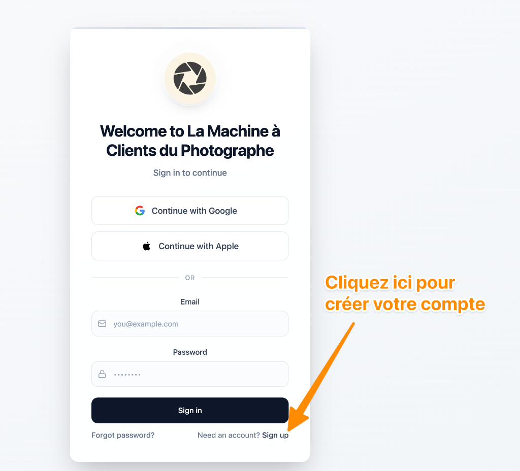 Page Sign In avec lien Sign Up annoté