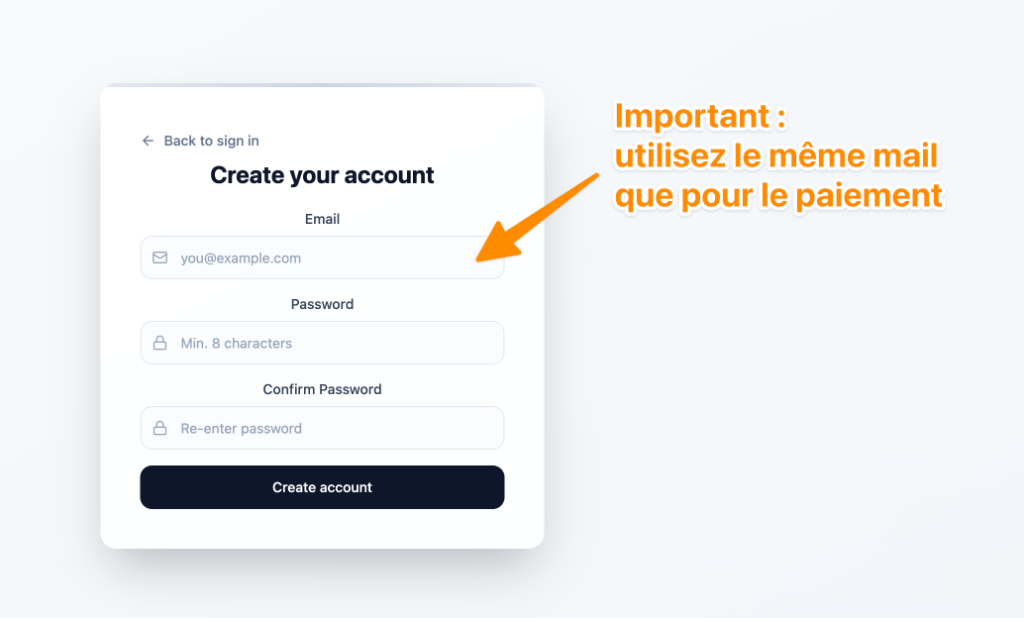 Page Create account avec champ email annoté