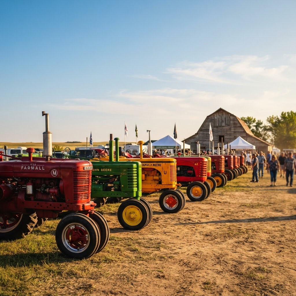 A row of restored antique tractors lined up at the club's Father's Day show