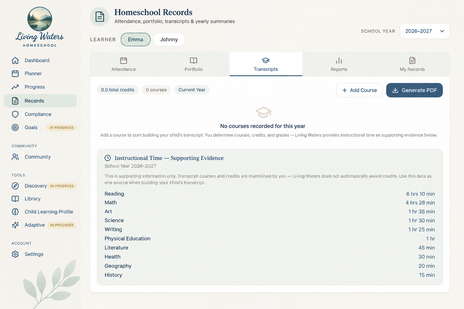Living Waters Transcript builder showing courses, credits, and grades
